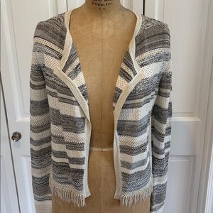 White House Black Market Cream & Gray Striped Fringe Open-Front Cardigan